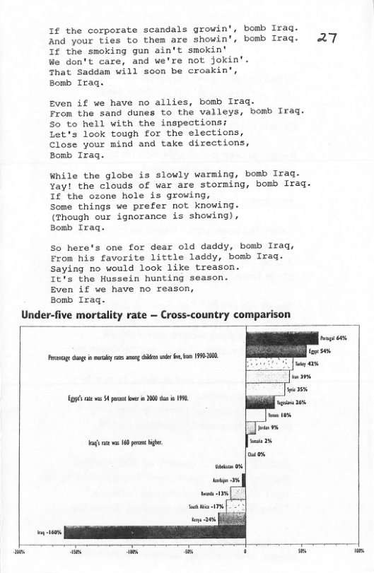 Under-five mortality rate — Cross-country comparison  If the corporate scandals growin’, bomb Irag. And your ties to them are showin’, bomb Irag. 27 If the smoking gun ain’t smokin’  We don’t care, and we’re not jokin’.  That Saddam will soon be croakin’,  Bomb Traq.  Even if we have no allies, bomb Irag. From the sand dunes to the valleys, bomb Irag. S0 to hell with the inspectionsi  Let’s look tough for the elections,  Close your mind and take directions,  Bomb Iraq.  While the globe is slowly warming, bomb Irag. Yay! the clouds of war are storming, bomb Iraq. If the ozone hole is growing,  Some things we prefer not knowing.  (Though our ignorance is showing),  Bomb Iraq.  So here’s one for dear old daddy, bomb Irag, From his favorite little laddy, bomb Irag. Saying no would look like treason.  It’s the Hussein hunting season.  Even if we have no reason,  Bomb Irag.  g s sy s o e e o, o 19200  st S b 100 i 19  ot v 4 o e s 2%  